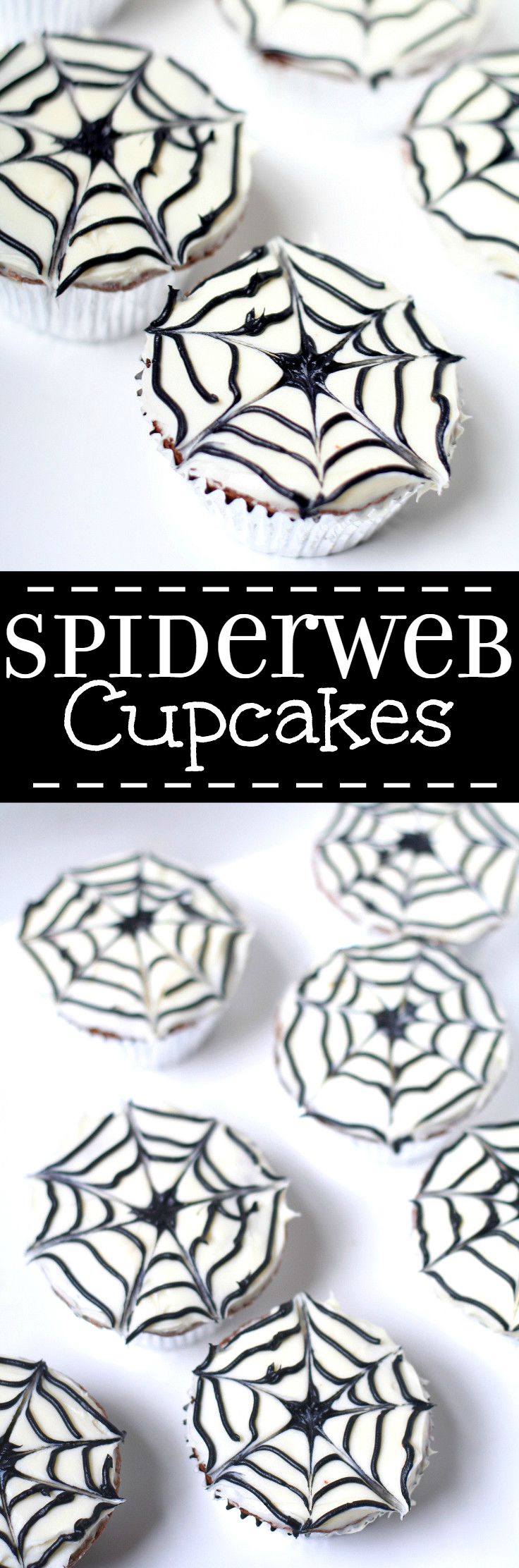 Spiderweb Cupcakes are a cute and fun but totally easy treat, perfect for Halloween or an adorable Spiderman birthday party.  They'll be a hit at your next party! Such a cute treat for kids!
