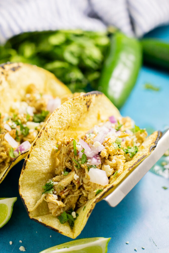 Crockpot chicken taco in corn tortilla topped with fresh cilantro and red onions surrounded by fresh jalapenos and lime wedges.