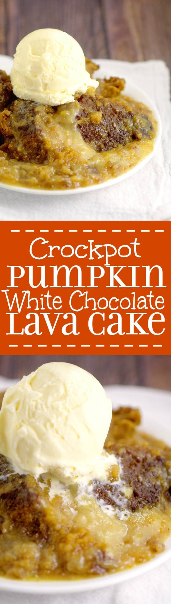Crockpot Pumpkin White Chocolate Lava Cake is a decadent slow cooker dessert recipe with moist Pumpkin Spice cake and smooth, hot white chocolate filling. Pumpkin spice and white chocolate?! Must try!