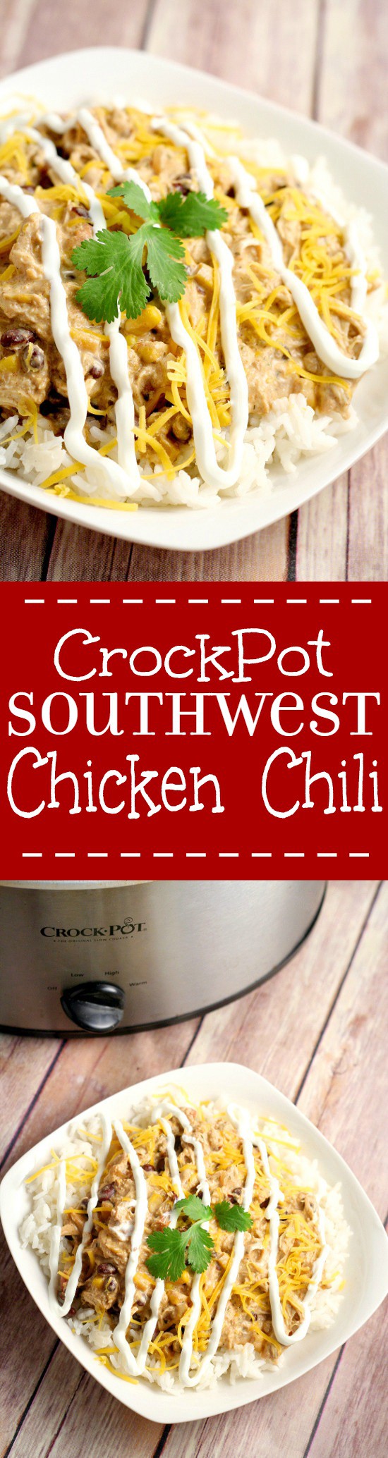 Crockpot Southwest Chicken Chili recipe is so easy you don't have to thaw the chicken! With cream cheese and classic Southwest flavors like corn and beans. Serve with warm, buttered cornbread. Such an easy family dinner recipe idea in the slow cooker!  