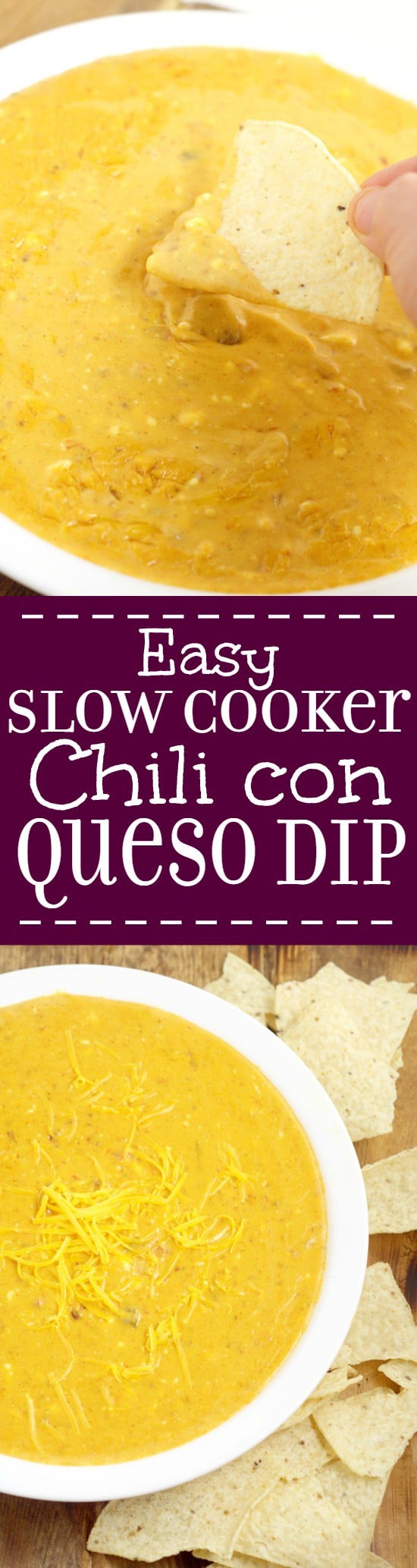 Creamy, gooey, cheesy Easy Slow Cooker Chili con Queso Dip recipe has just 4 ingredients and will be the star of the show at your next party! Amazing dip and appetizer recipe! This stuff goes fast!
