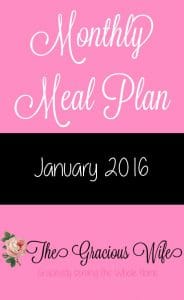 Easy January 2016 Monthly Meal Plan for weekly and daily breakfast, snack, and dinner. All you need to do is print, add your sides and shop! |frugal living | saving money