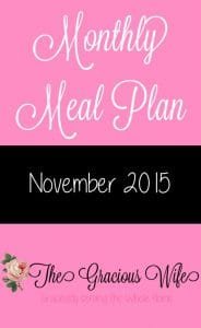 Easy November 2015 Monthly Meal Plan for weekly and daily breakfast, snack, and dinner. All you need to do is print, add your sides and shop! |frugal living | saving money