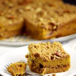 Rich and moist Pumpkin Cinnamon Coffee Cake recipe made with pumpkin pie yogurt, pumpkin, and a crunchy cinnamon-pecan streusel for an amazing Fall breakfast recipe. Also freezer friendly! OMG. Pumpkin spice for breakfast?!