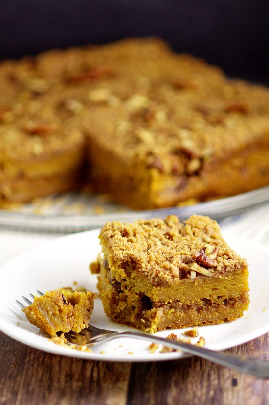 Rich and moist Pumpkin Cinnamon Coffee Cake recipe made with pumpkin pie yogurt, pumpkin, and a crunchy cinnamon-pecan streusel for an amazing Fall breakfast recipe. Also freezer friendly! OMG. Pumpkin spice for breakfast?!