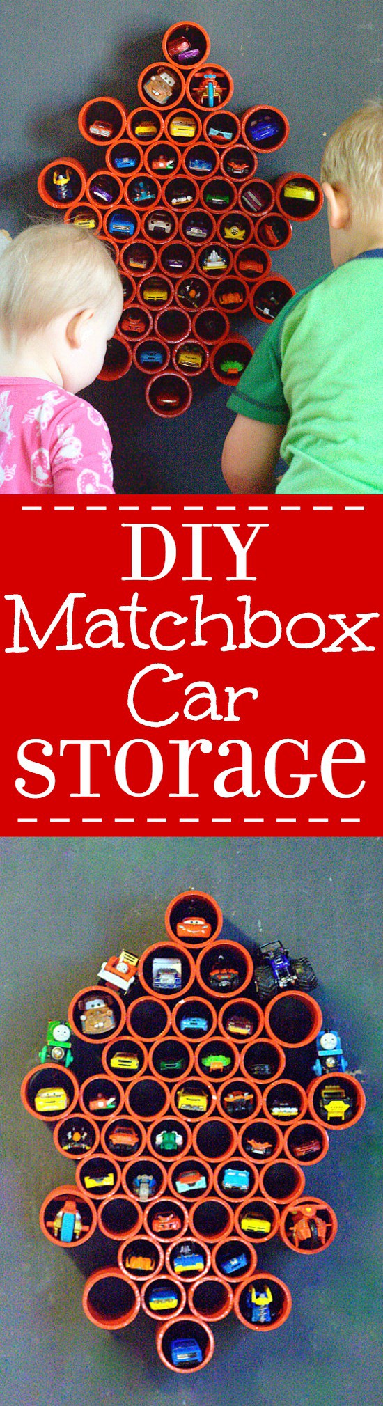DIY Toy storage idea and DIY Toy Organization idea for the playroom. Organize all of your boys' Matchbox with this DIY Matchbox Car Storage for the wall.  It's super easy and the kids will love it! (and you'll love it too,  when there is no longer a Matchbox car explosion all over your playroom.