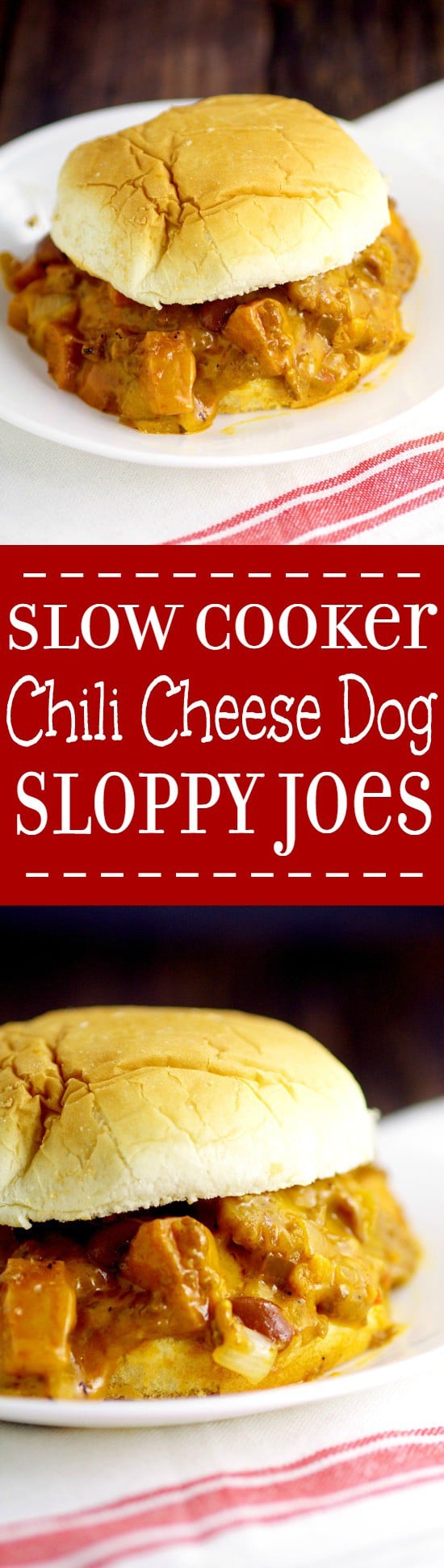 Easy Family Dinner Recipe - Slow Cooker Chili Cheese Dog Sloppy Joes.  Classic chili cheese dogs and sloppy joes join forces in these Slow Cooker Chili Cheese Dog Sloppy Joes to make a gooey, cheesy, cozy, comfort food meal in the Crockpot.  OMG. This looks amazing!