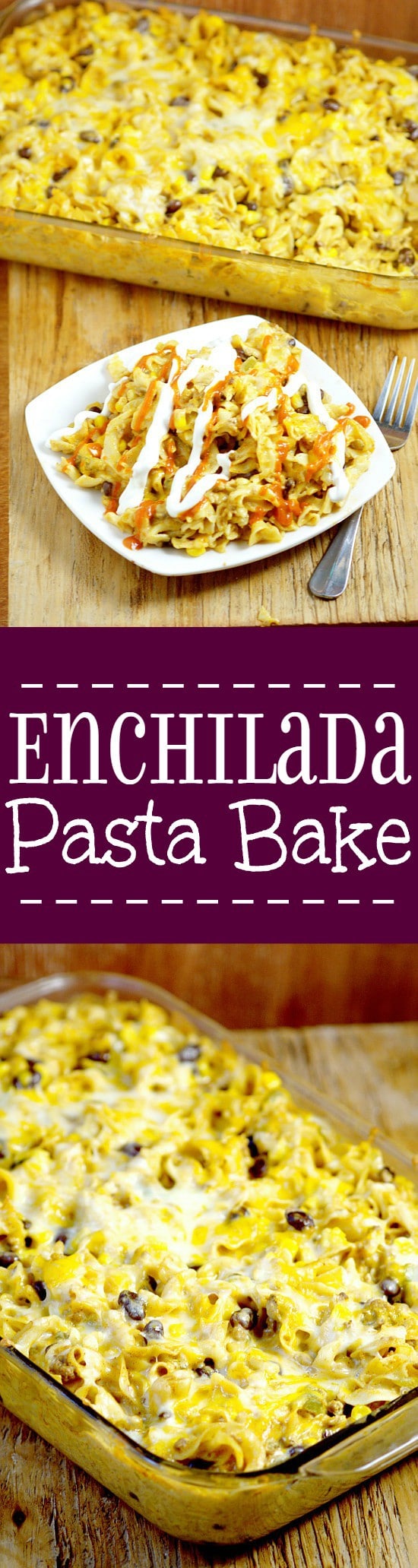 Enchilada Pasta Bake recipe is a delicious way to use up leftover taco meat and great for family dinner.  Noodles tossed with a creamy, cheesy, and slightly spicy sauce mixed with taco-seasoned ground beef, corn, and black beans. Perfect easy pasta recipe for family night!