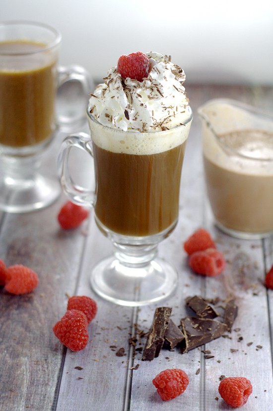 Homemade Chocolate Raspberry Coffee Creamer. Rich, decadent Homemade Chocolate Raspberry Coffee Creamer with smooth, creamy chocolate and a fruity kick of raspberries is sure to transform your coffee into an amazing, indulgent treat. Make some gourmet coffee at home! This would be delicious for Valentine's Day too!