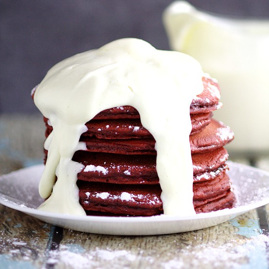 Red Velvet Pancakes with Cream Cheese Glaze The Gracious Wife