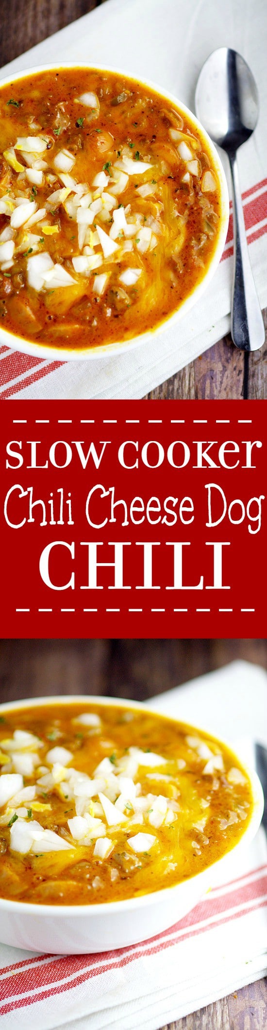 Slow Cooker Chili Cheese Dog Chili Recipe. Traditional beef chili recipe with the classic, gooey cheesy flavors of chili cheese dogs meld together with perfection right in the Crockpot in this Slow Cooker Chili Cheese Dog Chili recipe. This would be so fabulous for a chilly day!  And look at all that delicious gooey cheese!