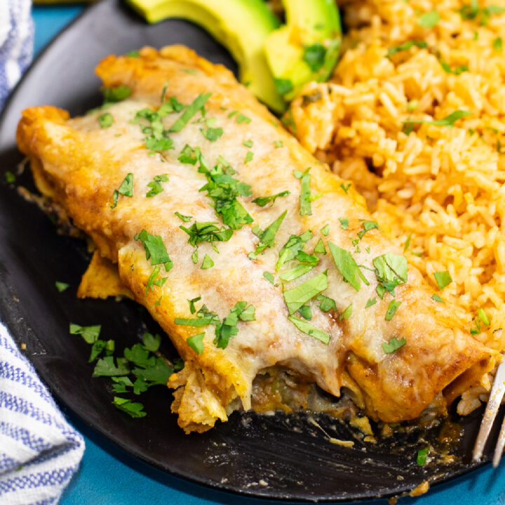 Two black bean enchiladas on a plate with a bite missing topped with fresh cilantro and next to avocado slices and Spanish rice.