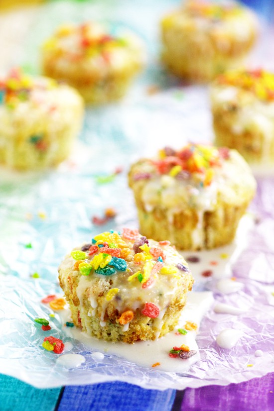 Rainbow Fruity Pebbles Muffins are a pretty fun breakfast idea perfect for St Patrick's Day. Fun and easy to make these Rainbow Fruity Pebbles Muffins with a crunchy streusel topping and sweet, simple glaze will make you feel like you've hit the breakfast jackpot!