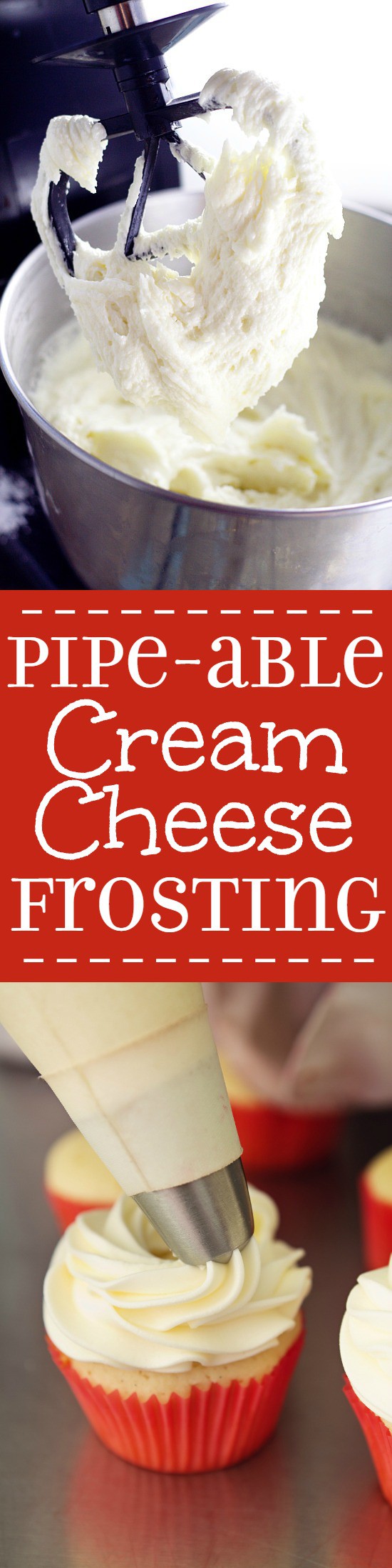 Pipeable Cream Cheese Frosting Recipe. The perfect Pipeable Cream Cheese Frosting for piping beautiful swirls onto cakes and cupcakes that's versatile and yummy enough for all of your favorite treats! Easy to make too!