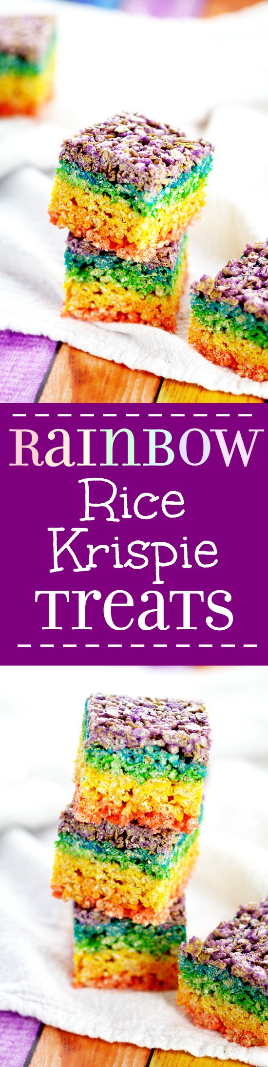 Rainbow Rice Krispie Treats recipe. Easy, no bake Rainbow Rice Krispie Treats make a pretty and festive treat for St Patrick's Day, or even just for fun, that everyone will love! What an adorable dessert recipe for St Patrick's Day or even a rainbow birthday party!