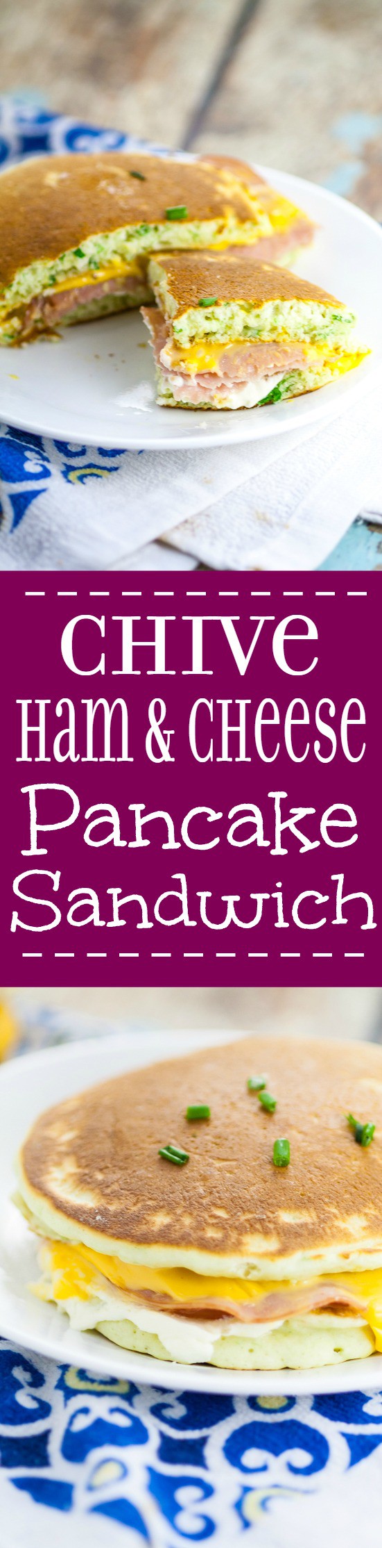 Chive Ham and Cheese Pancake Sandwiches for an easy breakfast recipe.  Unique and tasty Chive Ham and Cheese Pancake Sandwiches that are totally delicious, freezer friendly, and even great for a breakfast on-the-go!