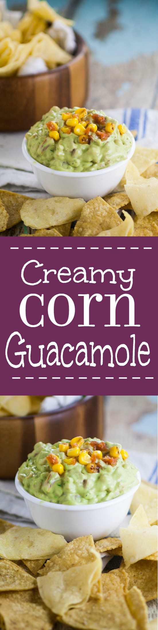 Creamy Corn Guacamole is the the perfect easy appetizer dip recipe for your next party.  Chunky and delicious Creamy Corn Guacamole with charred corn, tomatoes, onions, and creamy avocados.  Plus a special, easy ingredient to bring this amazing dip to the next creamy level. Must try!