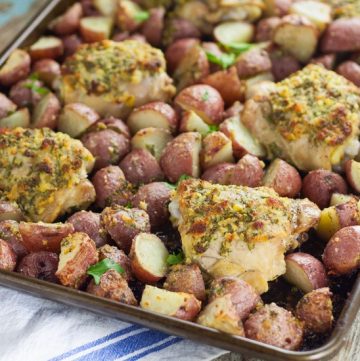 One Pan Garlic Chicken and Potatoes is a perfect easy family dinner recipe.  Easy, savory One Pan Garlic Roasted Chicken and Potatoes is a full meal, roasted in the oven all at once. So easy and equally delicious! Wow! This looks fabulous!