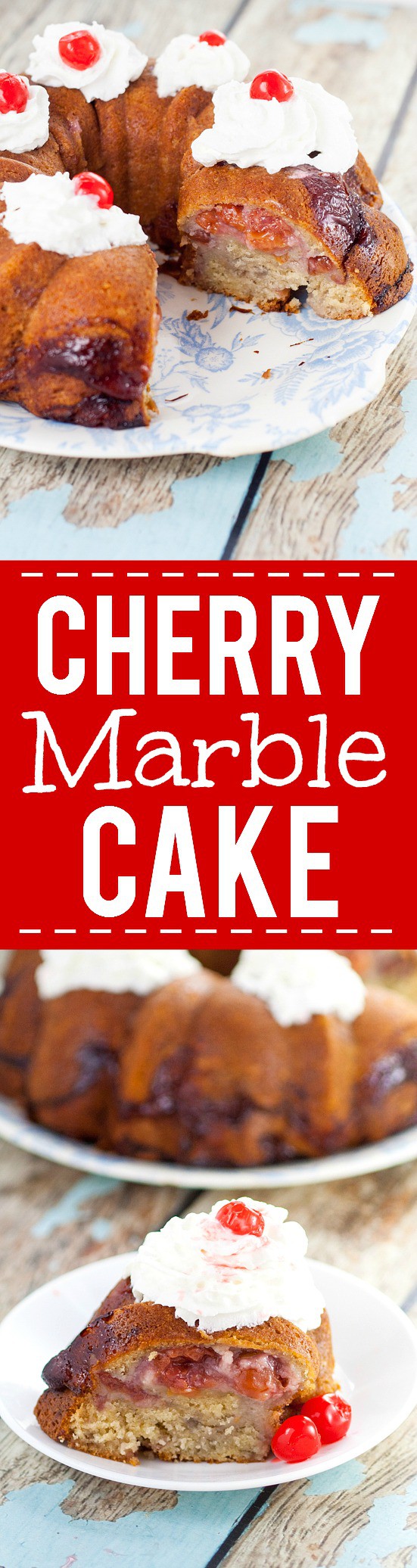 Cherry Marble Cake Recipe - Simple and quick prep, this pretty and sweet Cherry Marble Cake recipe tastes like pound cake with a fresh swirl of tangy cherries. Top with whipped cream & cherry.
