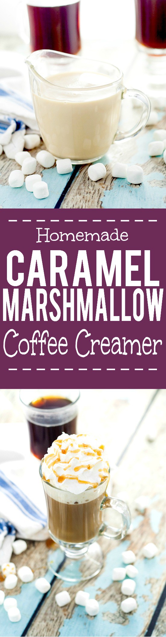 Homemade Caramel Marshmallow Coffee Creamer recipe - Light and creamy marshmallow and decadently sweet caramel swirl together to make this Homemade Caramel Marshmallow Coffee Creamer perfect for your next cup of coffee. Sounds like coffee creamer heaven!