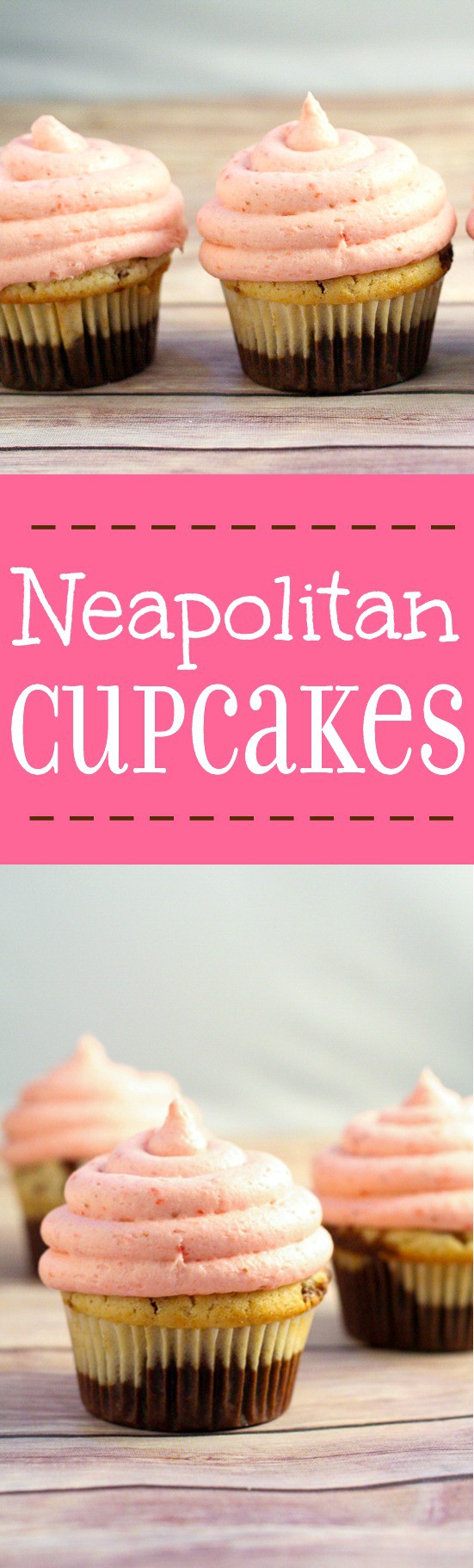 Neapolitan cupcakes are a perfect nostalgic treat with delicately bitter chocolate and sweet vanilla cupcakes topped with fresh strawberry frosting. You'll be whisked away to the dreamy days of childhood.