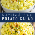 Collage image of deviled egg potato salad. Top image is a side angle shot of potato salad in a bowl topped with chives and paprika. Bottom photo is an overhead shot of the same dish. The words "deviled egg potato salad" are between the 2 images