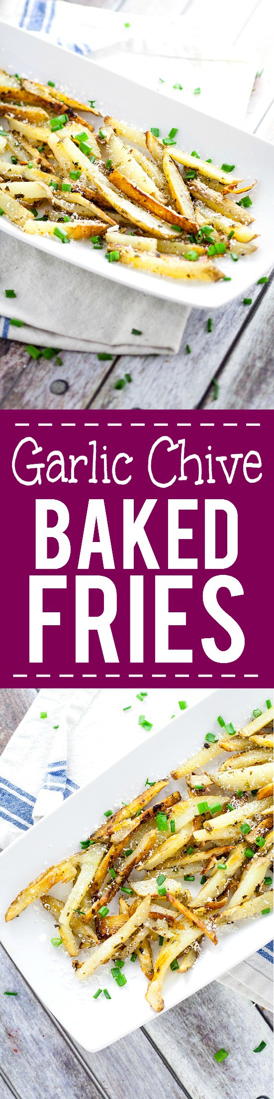Garlic Chive Baked French Fries recipe - This Garlic Chive Baked French Fries recipe turns an American classic into a zesty new favorite with fresh garlic and chives tossed with butter and fries and baked in the oven. This looks like a fabulous quick and easy side dish recipe!  What's not to love?!