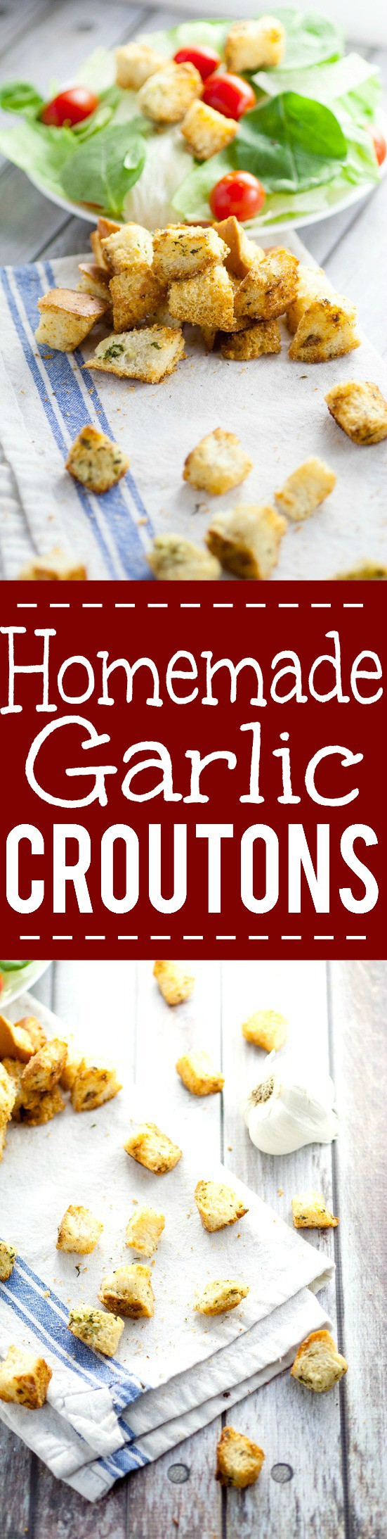 Homemade Garlic Croutons recipe - Skip the store bought croutons and make this crunchy, buttery, and zesty Homemade Garlic Croutons recipe for the perfect delicious topping on your favorite salad! These look so good. 