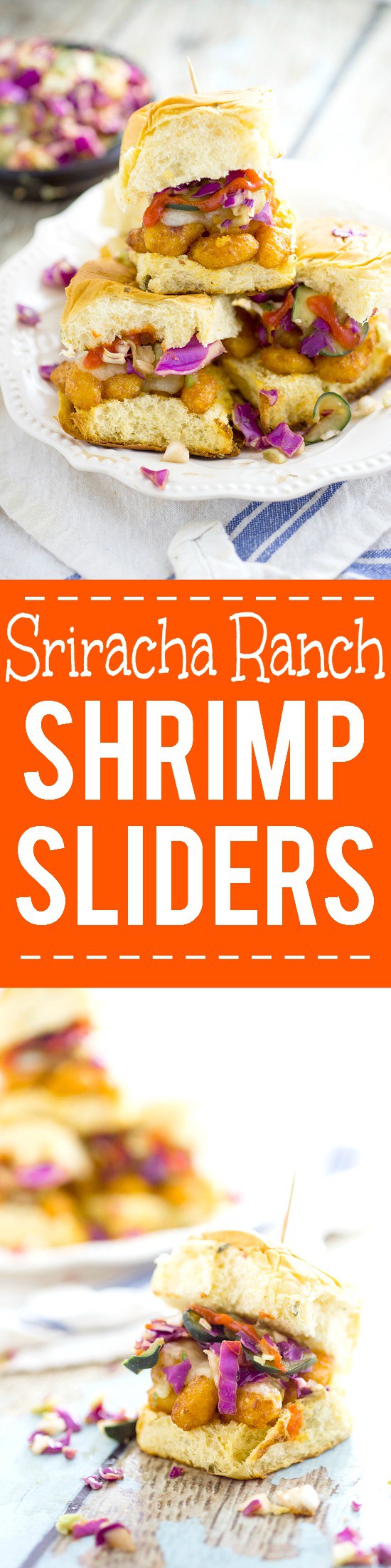 Sriracha Ranch Popcorn Shrimp Sliders recipe - a quick and easy dinner recipe and a classic-gone-coastal, these zesty Sriracha Ranch Popcorn Shrimp Sliders topped with cheese and a cool, crisp fresh slaw are a perfect quick and easy Summer dinner recipe. 