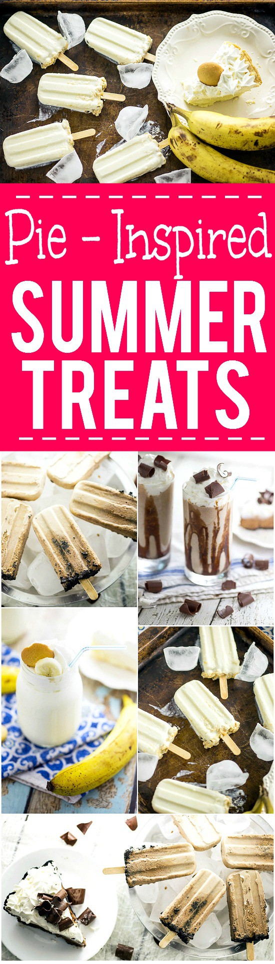 Pie-Inspired Summer Treats Recipes - Keep cool this Summer with these 4 pie-inspired Summer treats that are quick and easy no bake dessert recipes, each with only 5 ingredients or less! Including Banana Cream Pie Milkshakes, Banana Cream Pie Popsicles, Mudslide Milkshake Mocktails, and Creamy Chocolate Pie Pops. 