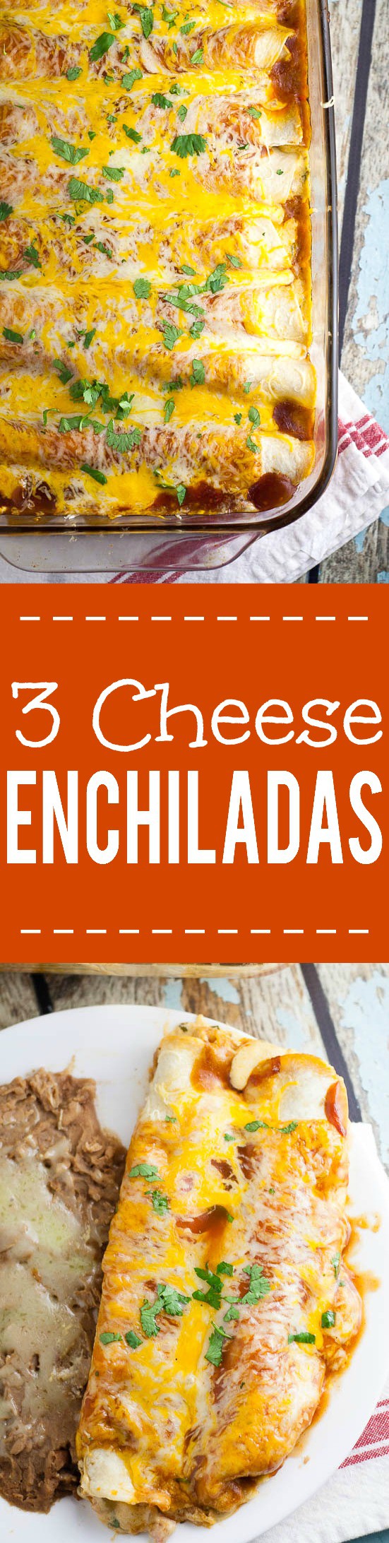 Three Cheese Enchiladas Recipe - Perfect for a meatless Monday vegitarian dinner recipe and a cheese lover's dream, these Three Cheese Enchiladas are filled with cheese, smothered in enchilada sauce, and baked in the oven for a delicious family meal.