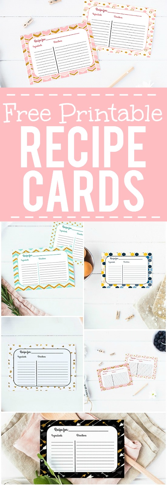 Free Printable Recipe Cards - Keep all of your favorite recipes safe and organized with these Free Printable Recipe Cards, in 5 different colors and designs.