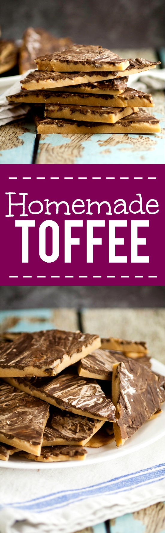 Homemade Toffee Recipe - Who knew making homemade chocolate toffee could be so easy?! With just 4 ingredients, you can make your own sweet, crunchy and delicious toffee to enjoy! This is seriously so good it's like crack!
