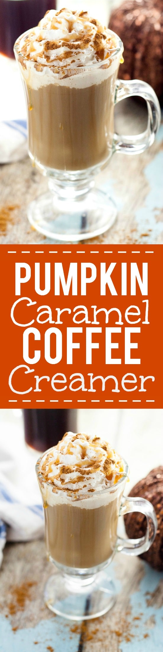 Homemade Pumpkin Caramel Coffee Creamer Recipe - Caramel adds an extra hint of sweet to the classic pumpkin spice Fall flavor.  Add this Homemade Pumpkin Caramel Coffee Creamer to your coffee for a perfect treat on a brisk Fall day. Because nothing is better than pumpkin coffee!