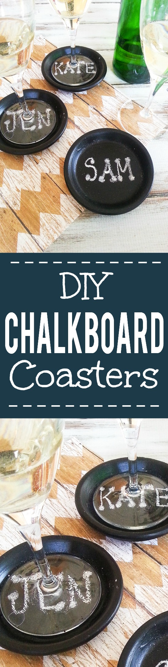 How to Make Easy DIY Chalkboard Coasters { TUTORIAL} - These easy DIY Chalkboard Coasters are perfect for daily use, parties, and even make pretty table settings.  Make these fun coasters with this simple, easy-to-follow tutorial. So cute!