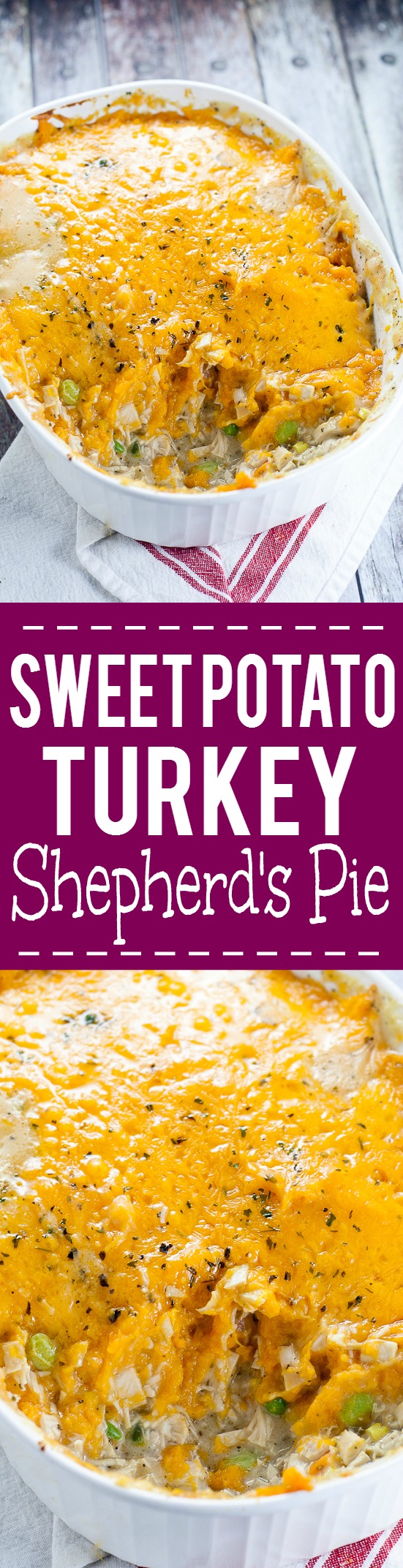 Sweet Potato Turkey Shepherd's Pie recipe with mashed sweet potatoes and turkey and veggies in a creamy gravy. Cozy, sweet and savory, this Sweet Potato Turkey Shepherd's Pie recipe is a great way to use up Thanksgiving leftovers in a warm delightful casserole.