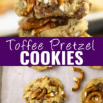 Collage with a close up of a bite taken out of a toffee pretzel cookie on top, cookies on a cookie sheet with pretzel twists on the bottom, and the words "toffee pretzel cookies" in the center.