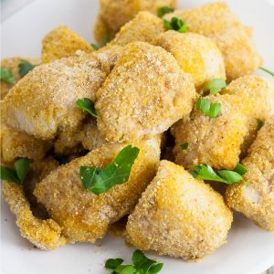 Make these Baked Catfish Nuggets as a healthy and easy baked version of a Southern favorite. Made with just 5 ingredients in 30 minutes for a super easy family dinner recipe. We also love that this recipe is gluten free and dairy free!