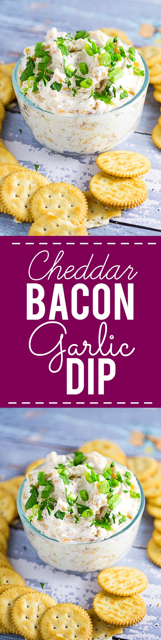 Cheddar Bacon Garlic Dip Recipe - Three favorite flavors come together in this simple but amazing Cheddar Bacon Garlic Dip recipe, with cheddar cheese, bacon, and garlic, in a creamy cream cheese dip. 