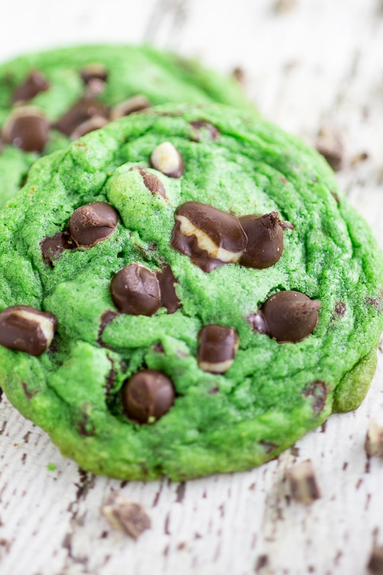 Mint Chocolate Chip Cookies Recipe - Cool, refreshing cookies with decadent chocolate chips all in this chewy Mint Chocolate Chip Cookies recipe. Perfect for Mint Chocolate lovers! SO good! I love mint chocolate. Super festive for St Patrick's Day or Christmas too!