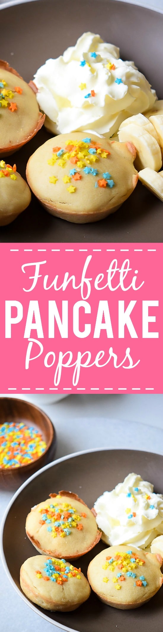 Funfetti Pancake Poppers recipe - These fun Funfetti Pancakes Poppers are a super easy breakfast recipe that the kids will love.  Perfect for even week day mornings or on the go! Yummy and easy breakfast recipe perfect for kids!
