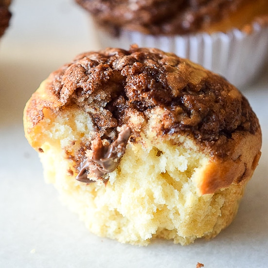 Nutella Banana Muffins Recipe - Decadent chocolate and creamy sweet bananas make a heavenly combination that's perfect, even for breakfast in this Nutella Banana Muffins recipe! Great breakfast idea for kids and freezer friendly too.