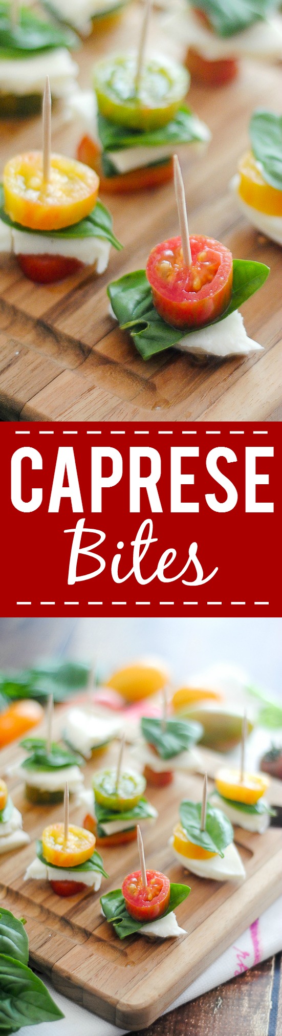 Caprese Bites Recipe - A fresh and simple appetizer or snack, these Caprese Bites are easy to make and delicious to eat! Great way to use up fresh Summer produce. Super easy appetizer recipe!