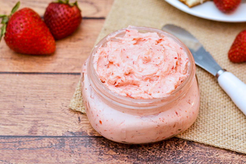 Whipped Strawberry Butter recipe - Sweet and fresh Whipped Strawberry Butter goes perfectly on your favorite roll, biscuit, or scone for a refreshing and yummy treat. Make it in just 10 minutes with 3 ingredients! Yummy and easy DIY gift idea too! Just put it in a mason jar and tie a bow with twine.  