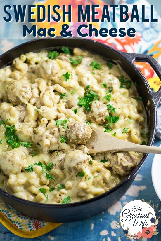 Swedish Meatball Mac and Cheese Recipe - Make this Swedish Meatball Mac and Cheese recipe, with flavorful Swedish meatballs, authentic gravy, and lots of gooey cheese, in 30 minutes for a quick and easy family dinner recipe! Takes macaroni and cheese and Swedish meatballs to a whole new amazing comfort food level.