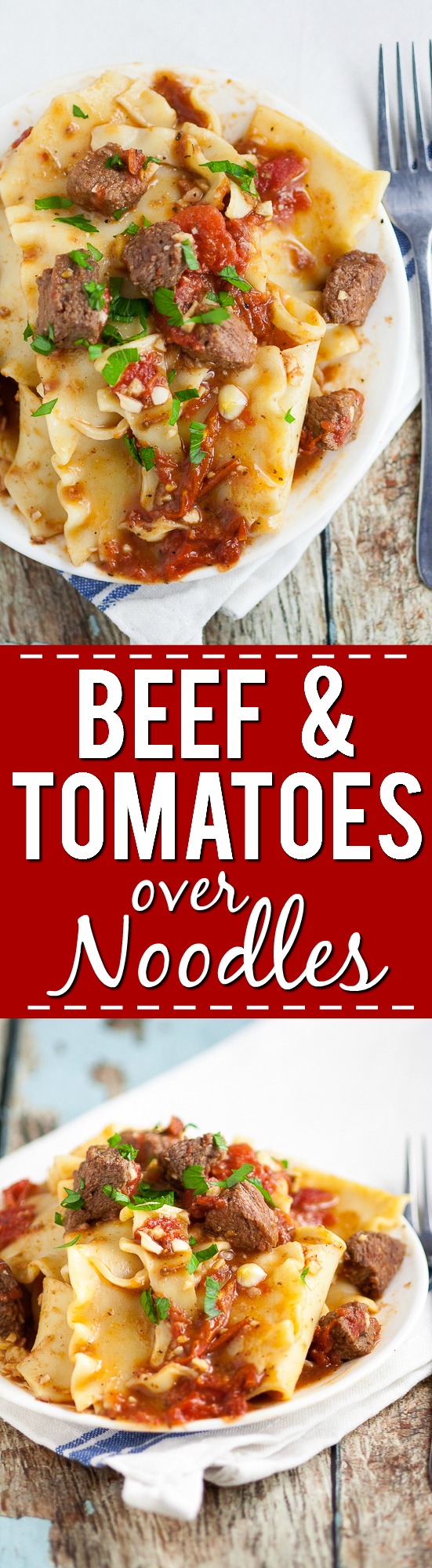 Beef and Tomatoes over Noodles Recipe - Classic flavors of juicy beef, zesty tomatoes, and cozy noodles come together in this Beef and Tomatoes over Noodles recipe to create an easy comfort food dish with simple ingredients. Quick and easy family dinner pasta recipe