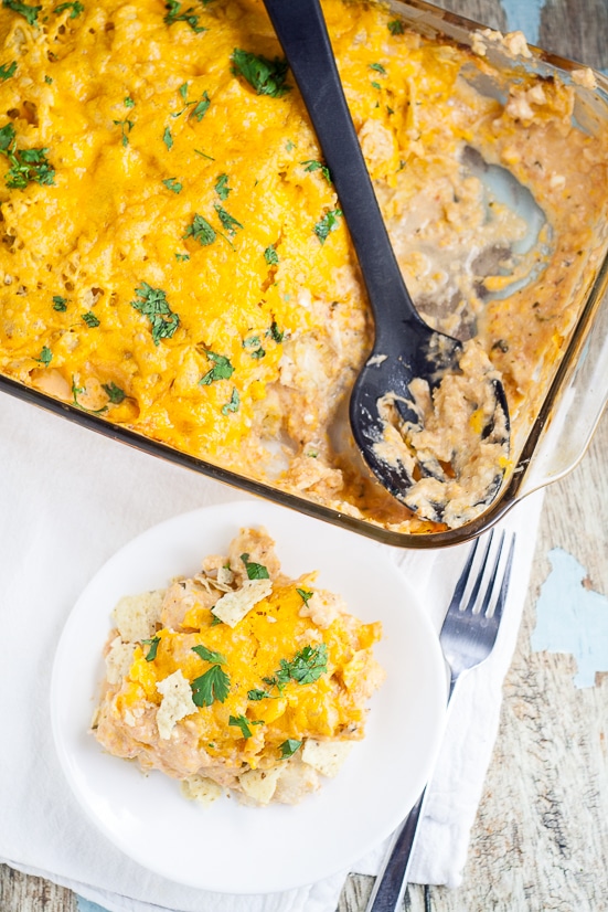 Chicken Nacho Bake Recipe - Creamy, crunchy, and cheesy, this Chicken Nacho Bake recipe is a crowd-pleasing easy casserole recipe with just 5 ingredients.  Cheesy, quick and easy family dinner recipe with chicken breast.