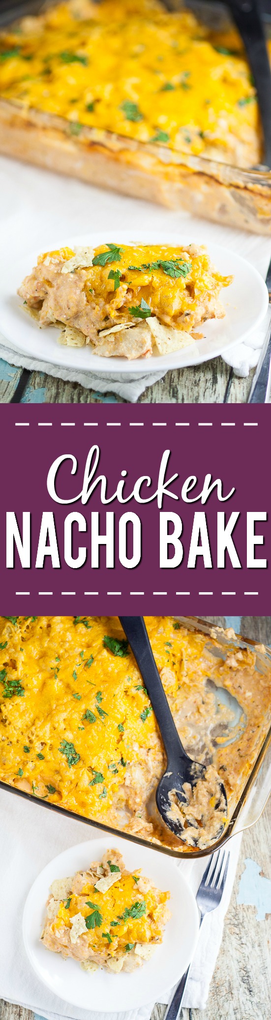 Chicken Nacho Bake Recipe - Creamy, crunchy, and cheesy, this Chicken Nacho Bake recipe is a crowd-pleasing easy casserole recipe with just 5 ingredients.  Cheesy, quick and easy family dinner recipe with chicken breast.