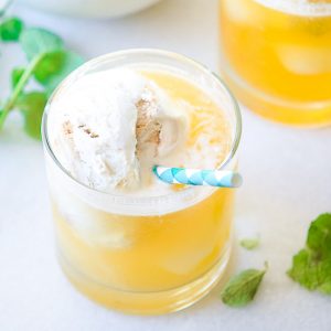 Peach Floats Recipe - Creamy, cool, and refreshing, these Peach Floats are the perfect tangy and sweet drink! Delicious for Summer and pretty for parties.   Makes a non-alcoholic drink for kids or a refreshing Summer cocktail.