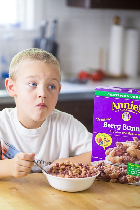 Homemade Milk and Cereal Bars made with Annie's Cocoa Bunnies Cereal are a perfect grab-and-go easy breakfast for kids that is totally customizable to what you love!